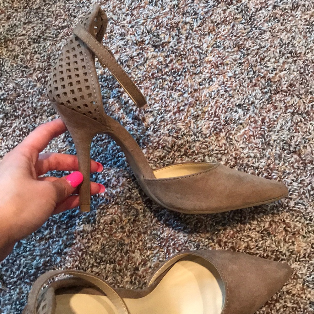 Taupe pointed ankle strap heels